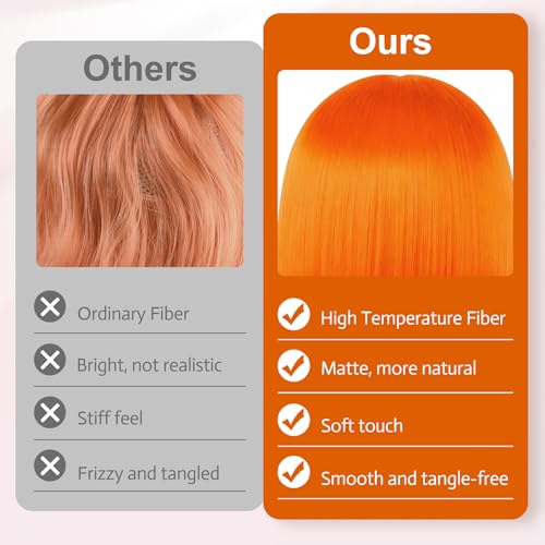 Image of MEEZY Orange Short Bob Wigs Straight Hair with Flat Bangs Heart Sunglasses for Women, Colorful Funny Cosplay Party Neon Wig Synthetic Natural As Real Carnival Halloween Costume Party Favors