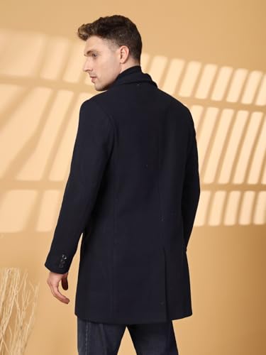 Image of CHKOKKO Men Stylish Long Winter Coat Single Breasted Thigh Length Overcoat with Elegant Spread Collar & Practical Front Side Pockets for Formal or Semi-Formal Occasions