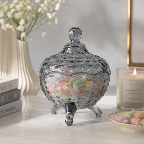 Image of bellemax Smoky Grey Glass Candy Jar with Lid | Decorative Glass Candy Storage Container | Cookie, Chocolate, Dry Fruit & Snack Jar | Kitchen Counter, Dining Table & Home Decor | Pack of 1