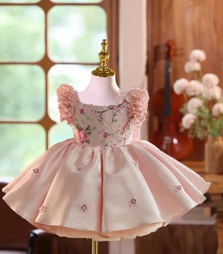 Pageant Dresses for Girls Flying Sleeve Pink Puffy Dress Embroidered Lace Flower Girl Wedding Ball Gown4