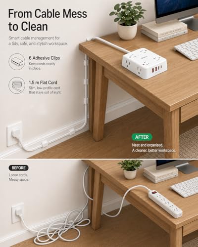 Regleta Extensión Wrxdmc QP860-CU W 5FT con 8 tomas y 4 puertos USB, Protector contra sobretensiones 1400J, Cable plano de 1.52 m, Enchufe plano polarizado tipo A, Montable en pared miniatura 4