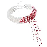 Blutige Perlenkette, Gothic-Halsketten, Tropfende Blut Imitationsperlen Halskette, Verstellbarer Perlenkette Blut, Halloween Schmuck Damen, für Karneval Halloween Party Vampir Kostüm Accessoires