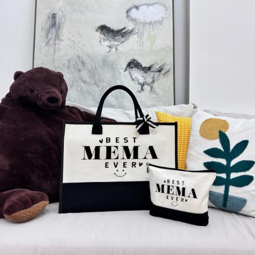Image of SUSZDOU Gift for Best Mema Ever, Large Canvas Beach Bag with Inner Pocket and Makeup Pouch, Reusable Travel Outing Shoulder Bag for Women, Birthday Gift or Mother's Day Present for Mema and Grandma