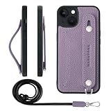 HANATORA for iPhone 13 ケース 本革 耐衝撃 背面ベルト ストラップリング スマホケース スマホ スタンド機能 ネックストラップ 付き カードポケット シュリンクレザー ギフト パープル CGHGZ-13-Purple