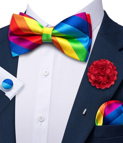 Image of YOHOWA Mens Bow Tie Set Paisley Coloful Pre-tied Bowties Adjustable with Handkerchief Cufflinks Wedding Prom Party