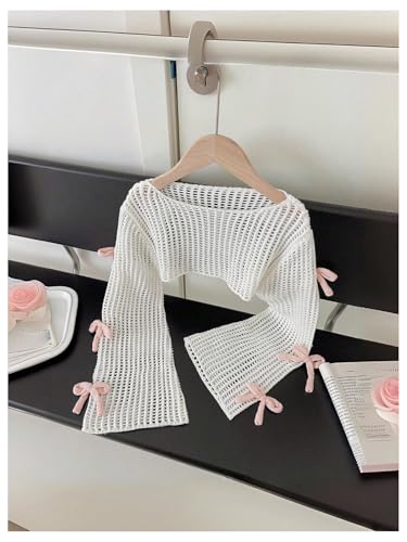 Floerns Girl's Cute Bow Long Sleeve Hollow Out Sweater Boat Neck Cover Up Cropped Top3