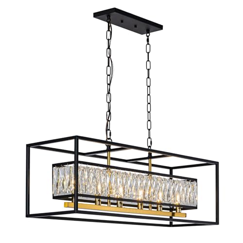Vezzio Crystal Chandeliers for Dining Room Modern Crystal Chandelier 6-Light Rectangle Contemporary Pendant Light Fixture for Kitchen Island Bar L35 Inch