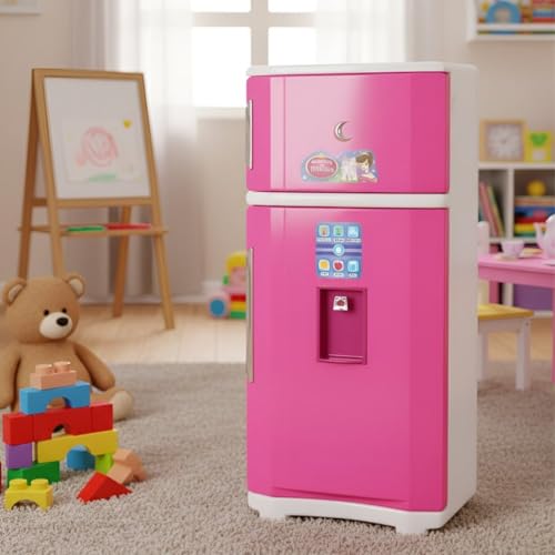 Geladeira Infantil das, Rosa com Branco, Plástico, 64x28x16cm, com Portas que Abrem, Adesivos Interativos, para Crianças 3+ Anos