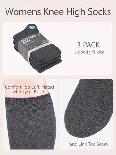 Image of COTTON DAY Women's Soft Combed Cotton Knee High Long Calf Dress Socks Seamless Toe Black White Gray Navy Blue Brown 3 Pack