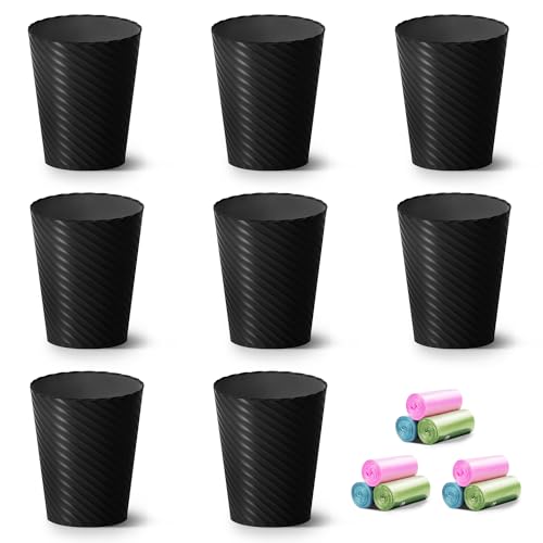 Image of Bathroom Trash Can, 8 Pack 1.8 Gallons Small Trash Can with Trash Bags, Bathroom Garbage Can, Plastic Trash Bin, Round Waste Basket for Living Room, Bedroom, Office, Kitchen, Compact Space (Black)