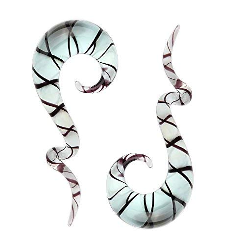 BodyJ4You 2PC Glass Ear Tapers Plugs 0G Black Helix Design Spiral Gauges Piercing Jewelry