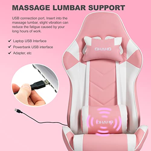 Ohaho Gaming Chair Racing Style Office Chair Adjustable Massage Lumbar Cushion Swivel Rocker Recliner Leather High Back Ergonomic Computer Desk Chair With Retractable Arms And Footrest (Pink/White) #TOP1