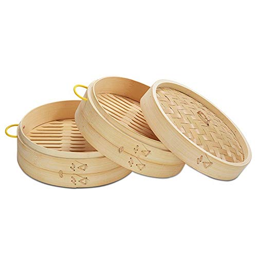 Chinese Dumplings - Olla al vapor de bambú, 15/20/25/30 cm con tapa, cesta de vapor de bambú, ideal para Dim Sum, verduras (jaula de 20 cm)