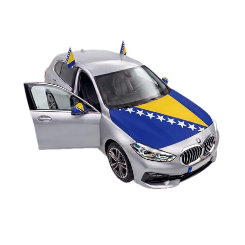 Auto Fahnen Bosnien Komplett Set - Motorhaubenfahne 2 Autofahnen Fenster & 2 Außenspiegelfahnen Fußball Fanartikel FZG für EM & WM Bosnien Flagge Fahrzeug Deko