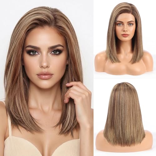 Image of Brown Mixed Blonde Wig Human Hair Pre Plucked Straight Short Bob Wigs 5x6 UHD Lace Front Wigs Remy Real Human Hair for Women 14Inch