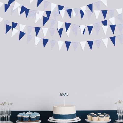Image of 30 Ft Navy Blue White and Silver Party Decorations Royal Blue Triangle Flag Pennant Banner Bunting for Graduation Birthday Wedding Bridal Shower Nautical Ahoy Achor Theme Party Decorations Supplies