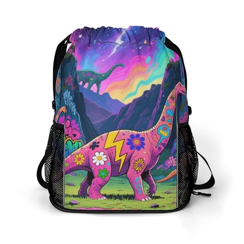 Small Gym Bag Graffiti Dinosaur Printed Drawstring Gym Bag for Men Lightweight Waterproof Drawstring Backpack for Women with Shoe Compartment for Travel Tourism Work And Fitness