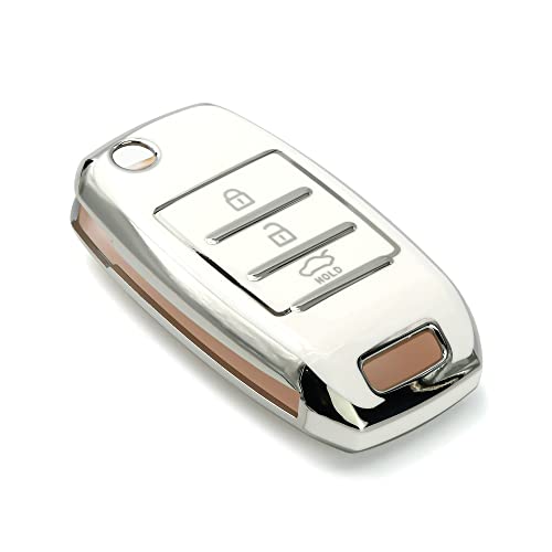 Image of KMH TPU Silver Car Smart Key Cover Compatible for Kia Seltos and Sonet 3 Push Button Smart Flip Key Shell Case Holder, Full Key Protection (Silver White) Pack of 2