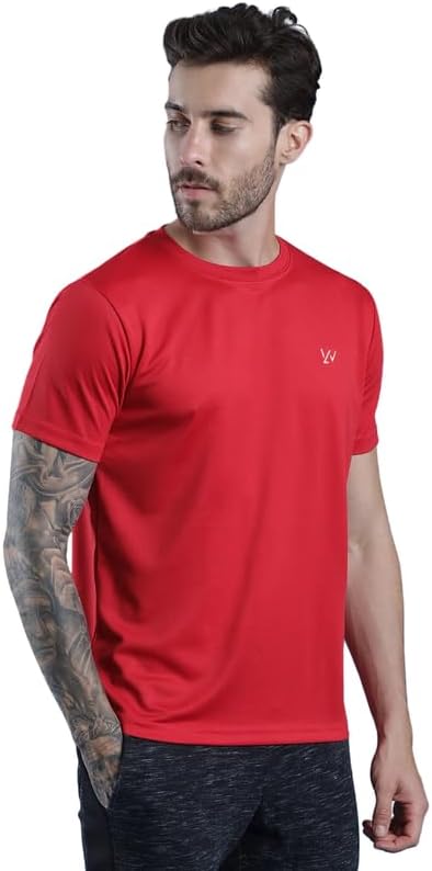 Men Polyester Solid Quick Dry Half Sleeve Regular Fit Round Crew Neck Active Sportswear Gym T-Shirt for Workout Training Running and Fitness Activities