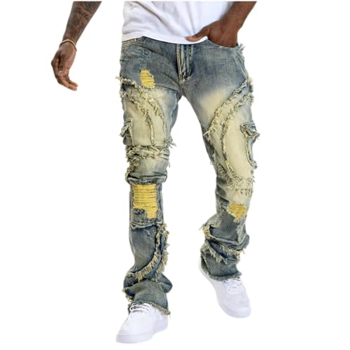 Jeans Pants Trouser Denim Retro Piercing Tear Street Trendy Water Washed Tassel Elastic Micro Horn Holes for Men