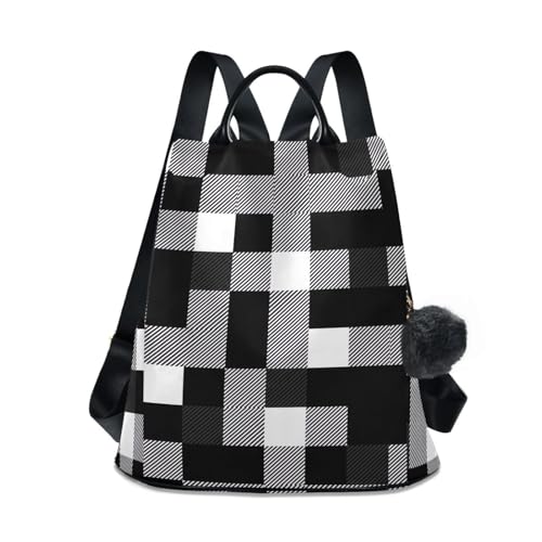 Sac à dos à carreaux noir et blanc au design vintage et élégant avec pompon