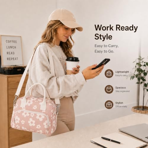 Image of LOVELYWIND Large Insulated Lunch Bag For Women,Pink Lunch Box 12L | Large Shoulder Strap Lunch Tote With Insulated Lining; Stylish Look For Work, School, Picnic, And Organized Meals.