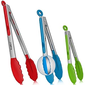 Walfos Silicone Tongs for Cooking – Heat Resistant kitchen tongs for Salad,Cooking, Grilling,Stainless Steel and BPA Free Silicone Tips set of 3 (7″ 9″ and 12 inch)