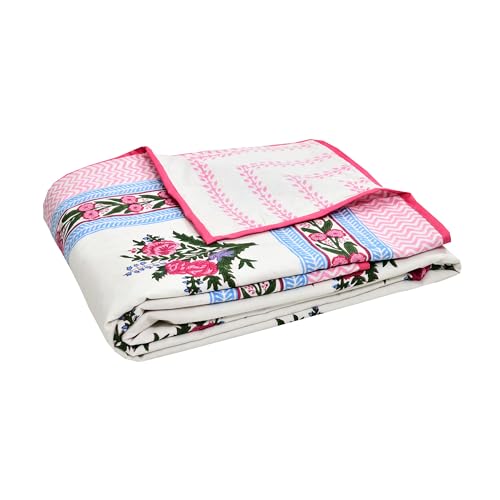 BLOCKS OF INDIA 100% Cotton Dohar King Size Reversible Hand Block Printed Malmal Summer Dohar/Blanket (Pink Green Bunch)