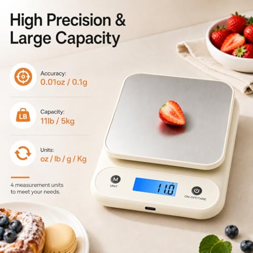 Meilen Digital Kitchen Food Scale 11lb/0.1oz, 5kg/0.1g - Rechargeable Type-C, Compact Design for Cooking and Baking, White - Image 3