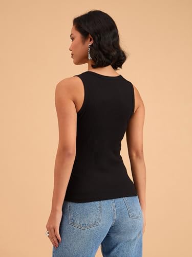 Image of barcino Beige Ribbed Round Neck Tank Top