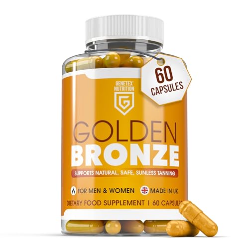 Golden Bronze Tanning Pills Supplement x 60 Capsules, Sunless & Safe Tan Melanin Accelerator Capsules, Tanning Pills for Healthy Natural Tan - Made in UK