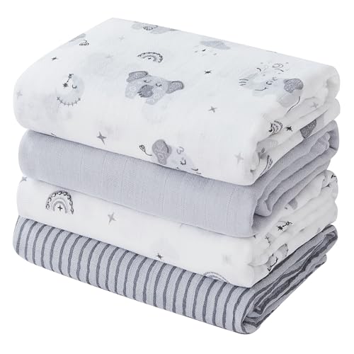 Image of Softan Swaddle Blankets for Baby Girls & Boys Gift, Large 47X47 inches Receiving Blankets for Newborn,4 Pack Gray Elephant