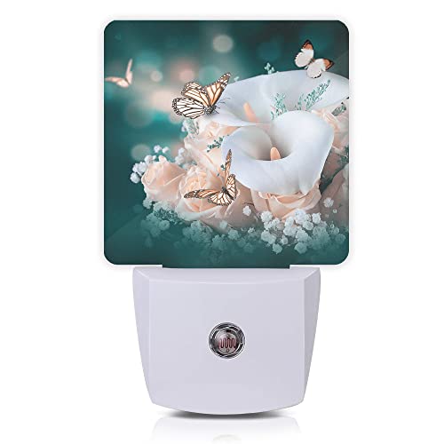 Oeaskly Yellow Roses and Butterfly Night Light,Flower Butterflies Spring Night Lights Plug into Wall Dusk to Dawn Sensor Led Lamp for Women Men for Stairway/Hallway/Bedroom,0.5W