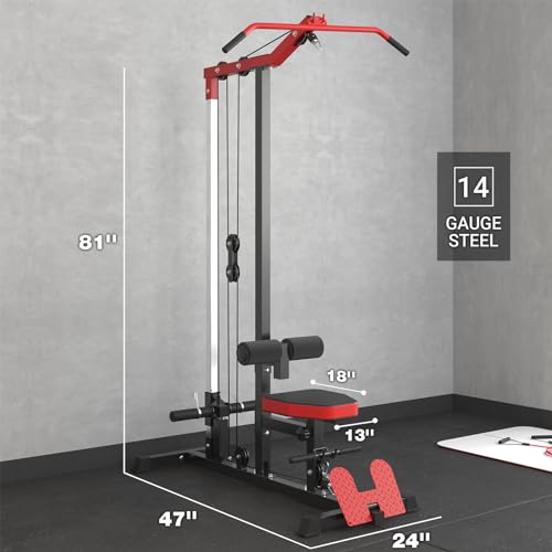 ER KANG Cable Station, LAT Pull Down & LAT Row LAT Tower, Cable Machine with Flip Up Footplate, High and Low Pulley Station, Home Gym Fitness Equipment (with Leg Hold)
