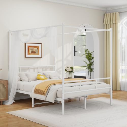 Image of ARFARLY King Size Bed Frame Canopy Bed Frame King Size with 4 Poster White