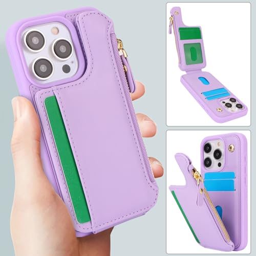 Image of Cavor for iPhone 13 Pro Case with Card Holder,for iPhone 13 Pro Wallet Case for Women Men,Leather Magnetic Clasp Zipper Pocket Protective Phone Cover-Purple