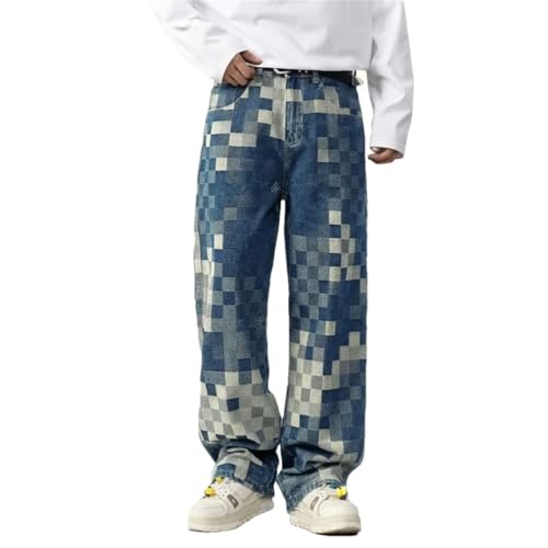Men Checkerboard Printed Jeans Straight Tube Loose Wide Leg American Personality Long Pants