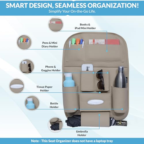 Image of Neodrift 'Seat Master Lite' (Set of 2) | (Color - Beige) Premium 7D Car Seat Organizer, Universal Fit, Multi-Pocket Storage for Bottles, Mobile, Keys, Documents, Tissues