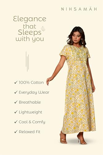Image of NIHSAMAH Cotton Nighty for Women - Printed Stylish Night Gown, Comfortable Sleepwear Long Nightwear, Maxi