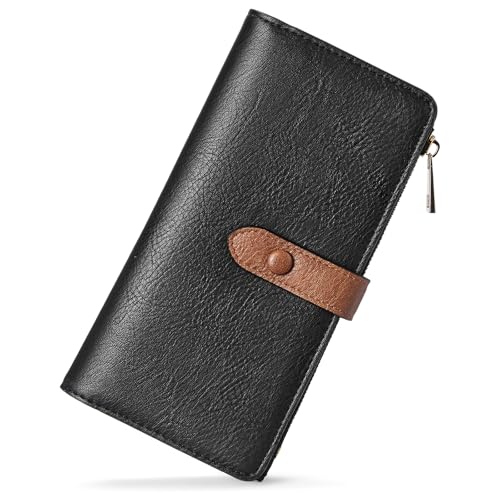 BOSTANTEN Womens Leather Wallets RFID Blocking Large Capacity Trifold Card Holder Ladies Phone Clutch Black＆Brown