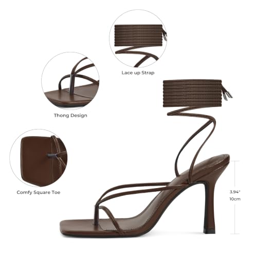 Image of ISNOM Lace Up Heels Sandals for Women - Square Open Toe, Stiletto High Heel