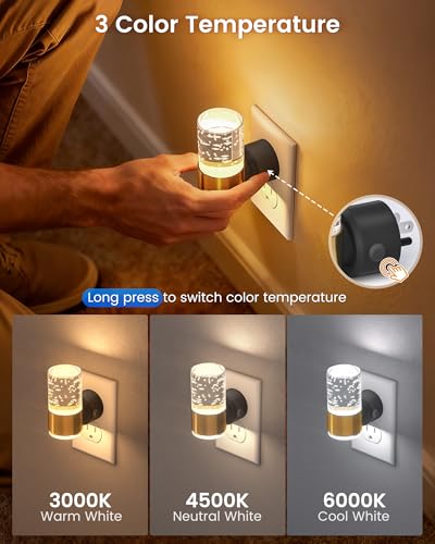Image of NIORSUN Night Light Plug into Wall, Dimmable Nights Lights with 3 CCT & 5 Brightness Levels, Slim Acrylic Plug in Night Light, Auto Dusk to Dawn Sensor for Stairs, Hallway, Bathroom(4 Pack, Gold)