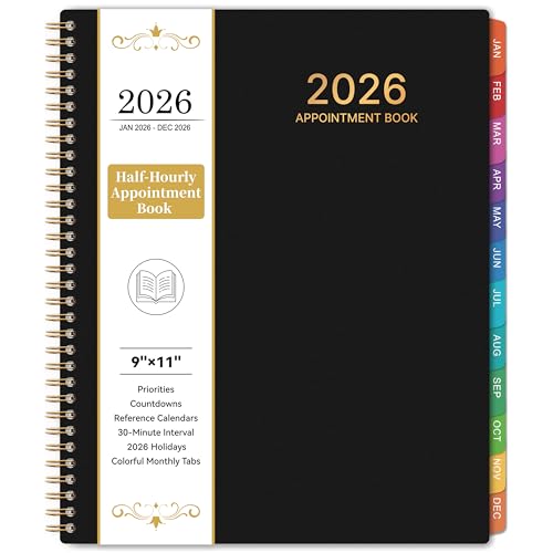 Terminkalender 2026 – Planer 2026, groß 22,9 x 27,9 cm, Januar 2026 – Dez. 2026, Tages- und Stundenplaner mit 30-Minuten-Intervall, wöchentlich und monatlich, bunte Monatsregister, Innentasche