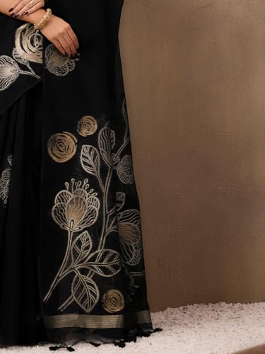 Image of AKHILAM Women's Kanjivaram Pure Silk Floral Printed Saree With Unstitched Blouse Piece