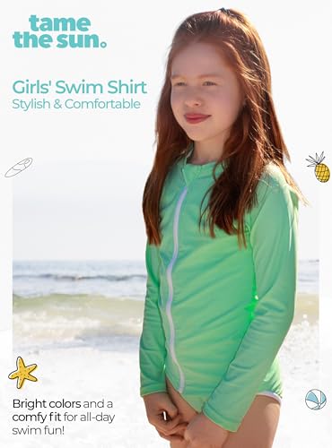 Image of Girls Long Sleeve Swim Shirt UPF 50+ Rash Guard One Piece Zipper Swim Shirt