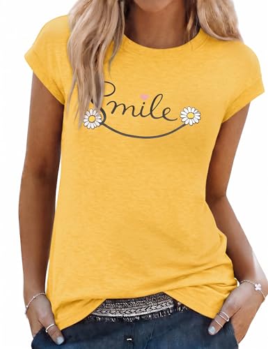 Aottori T-Shirt Damen Rundhals Kurzarm Blumenprint Top Locker Gelb XXL