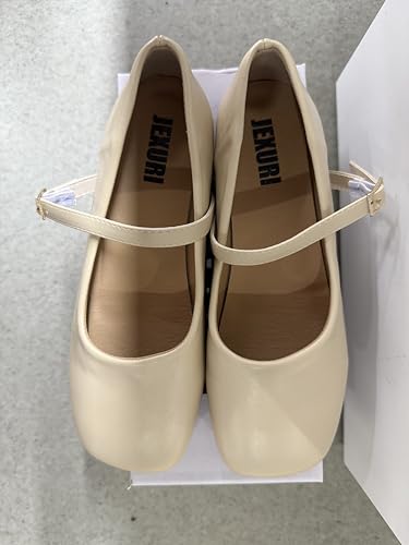 JEXURI Women Mary Jane Flats Comfortable Microfiber Leather Buckle Straps Low Heel Square Toe Work Flats Casual Shoes Beige2