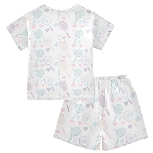 ALAZA Tennis Racket Heart Pajamas Set Short Sleeve Cotton Sleepwear Summer Pjs 2 Piece 5-14Y2