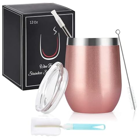 12oz Insulated Stainless Steel Wine Tumbler with Lid and Straw, Double Walled Wine Glass Tumbler Gift for Women, Great for Hot & Cold Drinks -Wine, Champagne, Coffee, Ice Cream( Rose Gold) Cover
