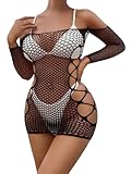 GORGLITTER Women's Hollow Out Fishnet Off Shoulder Cover Up Dress Seamless Long Sleeve Coverup Beachwear Black One Size